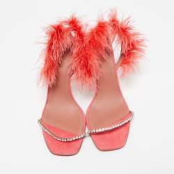 Amina Muaddi Pink Satin and Feather Crystal Embellished Adwoa Slingback Sandals Size 38.5