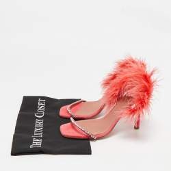 Amina Muaddi Pink Satin and Feather Crystal Embellished Adwoa Slingback Sandals Size 38.5