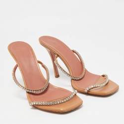 Amina Muaddi Brown Leather Glida Slide Sandals Size 40