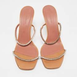 Amina Muaddi Brown Leather Glida Slide Sandals Size 40