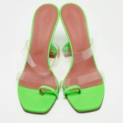 Amina Muaddi Green Leather and PVC lupita Slide Sandals Size 40