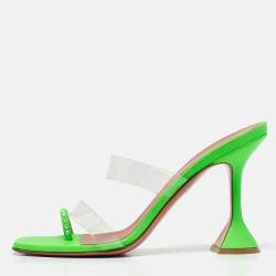 Amina Muaddi Green Leather and PVC lupita Slide Sandals Size 40
