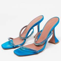 Amina Muaddi Blue Satin Crystal Gilda Sandals Size 38