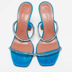Amina Muaddi Blue Satin Crystal Gilda Sandals Size 38