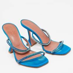 Amina Muaddi Blue Satin Crystal Gilda Sandals Size 38