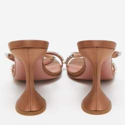 Amina Muaddi Beige Satin Crystal Embellished Gilda Slide Sandals Size 38