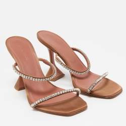 Amina Muaddi Beige Satin Crystal Embellished Gilda Slide Sandals Size 38