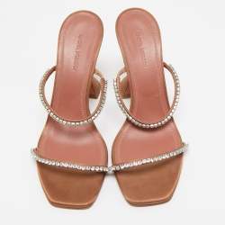 Amina Muaddi Beige Satin Crystal Embellished Gilda Slide Sandals Size 38