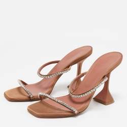 Amina Muaddi Beige Satin Crystal Embellished Gilda Slide Sandals Size 38
