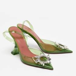 Amina Muaddi Green PVC Begum Crystal Embellished Slingback Pumps Size 37