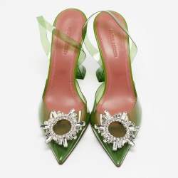 Amina Muaddi Green PVC Begum Crystal Embellished Slingback Pumps Size 37