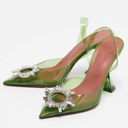 Amina Muaddi Green PVC Begum Crystal Embellished Slingback Pumps Size 37