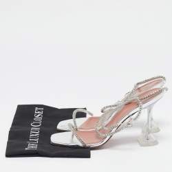 Pre Owned Amina Muaddi Silver PVC Gilda Crystal Embellished Ankle Strap Sandals Size 40