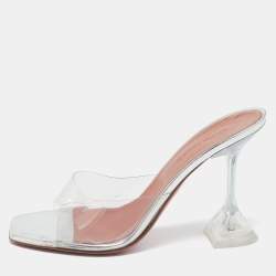 Amina Muaddi Silver PVC and Patent Leather Lupita Glass Sandals Size 36.5