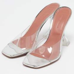 Amina Muaddi Silver PVC and Patent Leather Lupita Glass Sandals Size 36.5