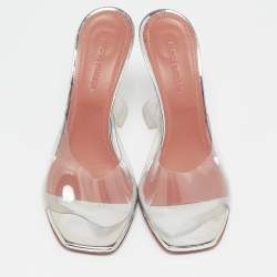 Amina Muaddi Silver PVC and Patent Leather Lupita Glass Sandals Size 36.5