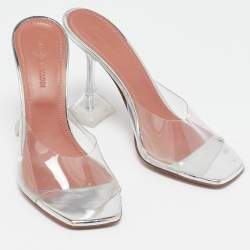 Amina Muaddi Silver PVC and Patent Leather Lupita Glass Sandals Size 36.5