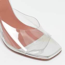 Amina Muaddi Silver PVC and Patent Leather Lupita Glass Sandals Size 36.5