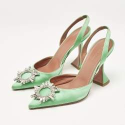 Amina Muaddi Green Satin Begum Slingback Pumps Size 38