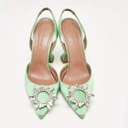 Amina Muaddi Green Satin Begum Slingback Pumps Size 38