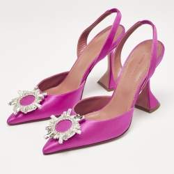 Pre Owned Amina Muaddi Pink Satin Begum Slingback Pumps Size 37