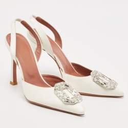 Amina Muaddi White Satin Begum Slingback Pumps Size 36