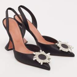 Amina Muaddi Black Satin Begum Slingback Pumps Size 37.5