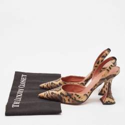 Pre Owned Amina Muaddi Brown Leopard Print Satin Holli Slingback Pumps Size 35