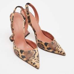 Pre Owned Amina Muaddi Brown Leopard Print Satin Holli Slingback Pumps Size 35