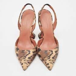 Pre Owned Amina Muaddi Brown Leopard Print Satin Holli Slingback Pumps Size 35