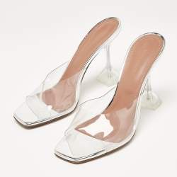 Pre Owned Amina Muaddi Silver PVC and Patent Leather Lupita Glass Sandals Size 40.5