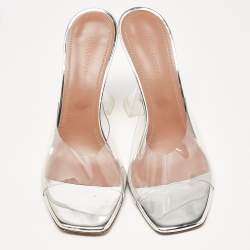 Pre Owned Amina Muaddi Silver PVC and Patent Leather Lupita Glass Sandals Size 40.5