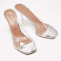 Pre Owned Amina Muaddi Silver PVC and Patent Leather Lupita Glass Sandals Size 40.5