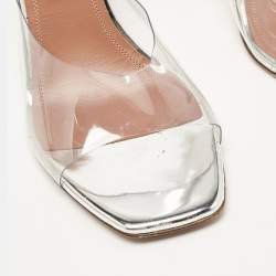 Pre Owned Amina Muaddi Silver PVC and Patent Leather Lupita Glass Sandals Size 40.5