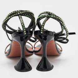 Pre Owned Amina Muaddi Black Patent Leather Crystal Embellished Vita Sandals Size 37.5