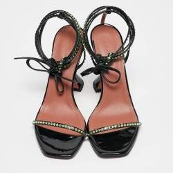 Pre Owned Amina Muaddi Black Patent Leather Crystal Embellished Vita Sandals Size 37.5