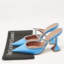 Amina Muaddi Blue Leather Gilda Pointed Toe Mules Size 38