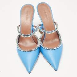 Amina Muaddi Blue Leather Gilda Pointed Toe Mules Size 38