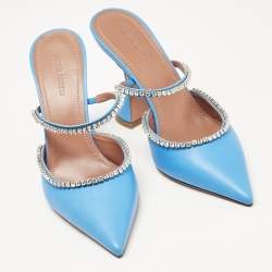 Amina Muaddi Blue Leather Gilda Pointed Toe Mules Size 38