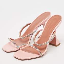 Pre Owned Amina Muaddi Pink Satin Gilda Crystal-Embellished Sandals Size 37