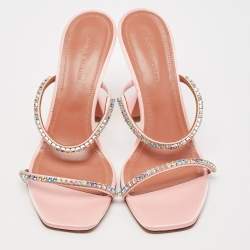 Pre Owned Amina Muaddi Pink Satin Gilda Crystal-Embellished Sandals Size 37