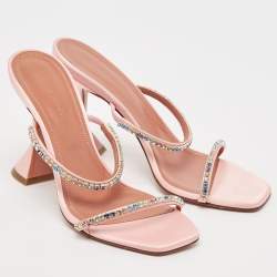 Pre Owned Amina Muaddi Pink Satin Gilda Crystal-Embellished Sandals Size 37