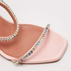 Pre Owned Amina Muaddi Pink Satin Gilda Crystal-Embellished Sandals Size 37