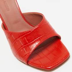 Pre Owned Amina Muaddi Red Croc Embossed Leather lupita Slide Sandals Size 38