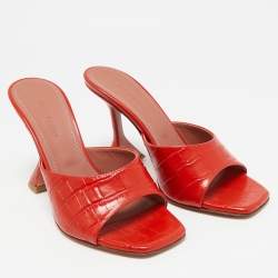 Pre Owned Amina Muaddi Red Croc Embossed Leather lupita Slide Sandals Size 38