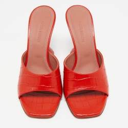 Pre Owned Amina Muaddi Red Croc Embossed Leather lupita Slide Sandals Size 38