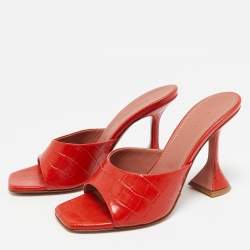 Pre Owned Amina Muaddi Red Croc Embossed Leather lupita Slide Sandals Size 38
