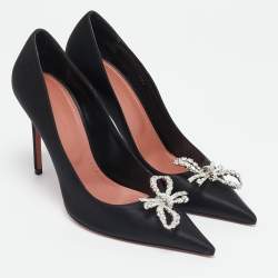 Amina Muaddi Black Satin Crystal Embellished Rosie Pumps Size 39.5