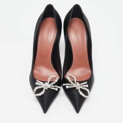 Amina Muaddi Black Satin Crystal Embellished Rosie Pumps Size 39.5