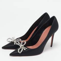 Amina Muaddi Black Satin Crystal Embellished Rosie Pumps Size 39.5